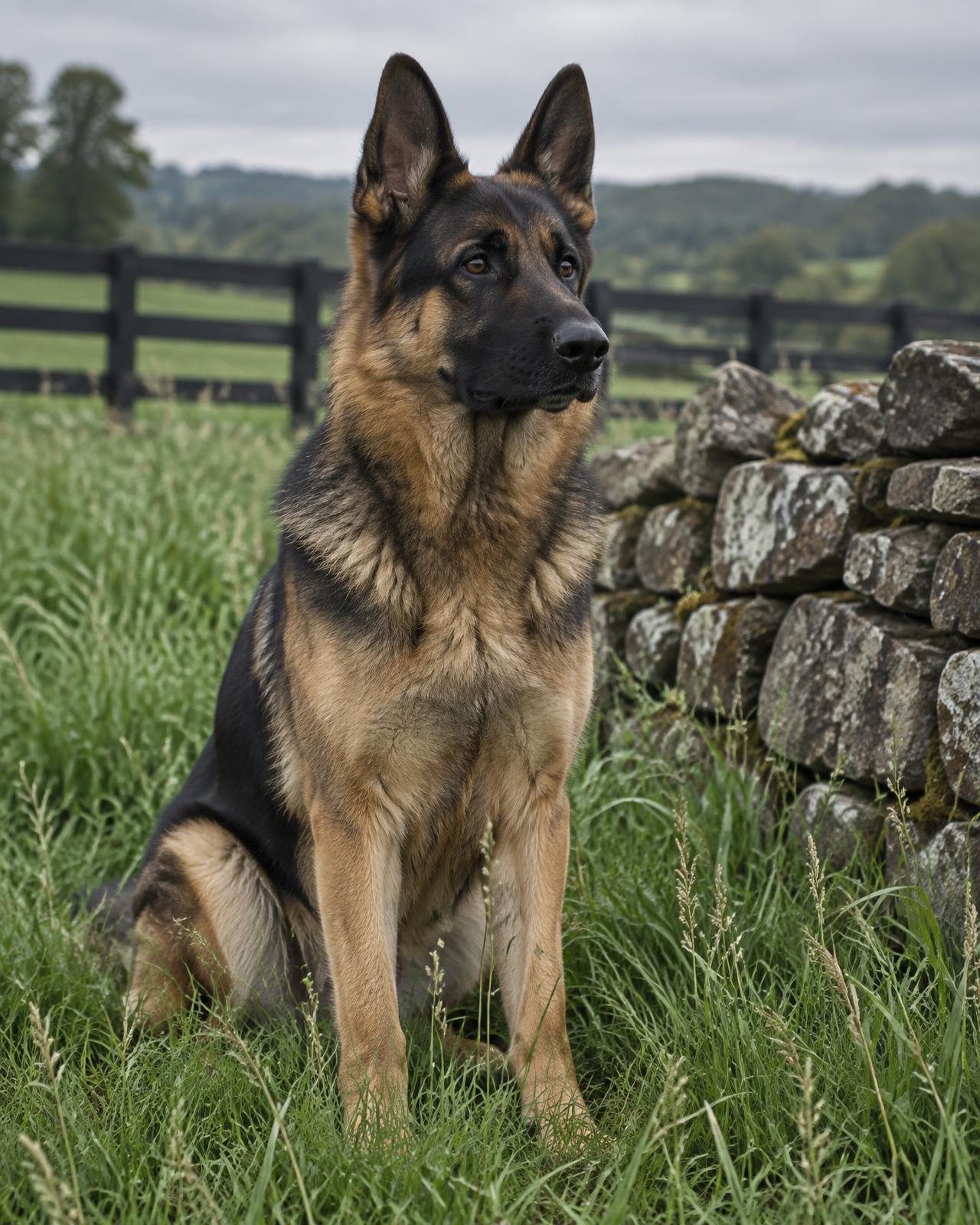 An attentive adult German Shepherd sitting beside a fieldstone wall