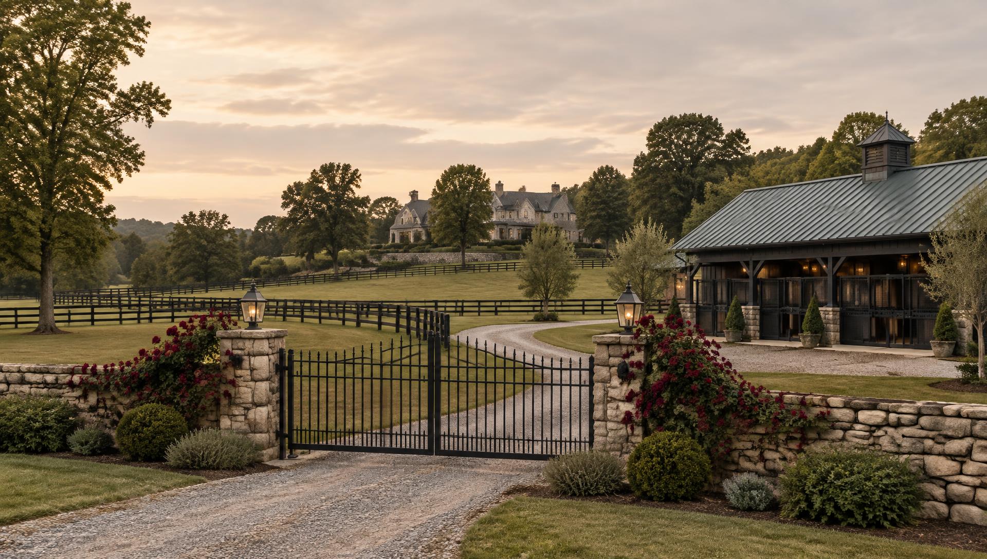 The Thornstone farmstead: stone wall, iron gate, pasture and timber kennel building