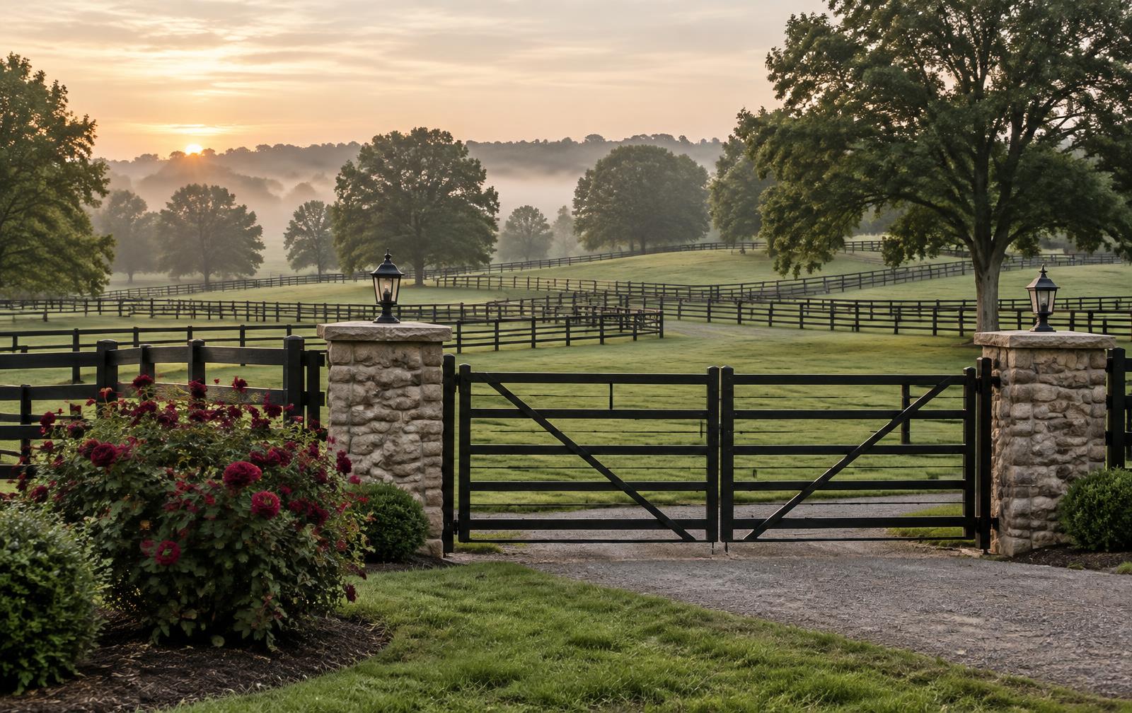 Secure grass turnout yards with black fencing, stone piers and burgundy roses at dawn